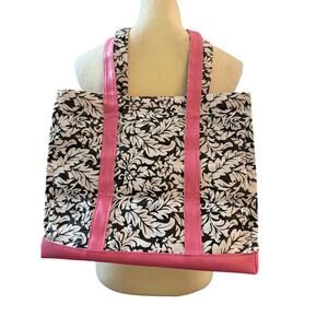 Scout Tote Bag Pink Handles Black White Floral Print 14x10 Preppy Shopper